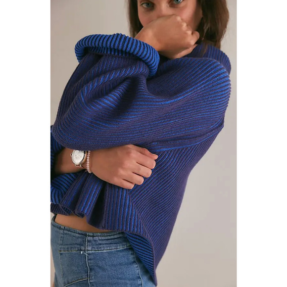 NEW FREE PEOPLE FIRST PLACE BLUE COMBO GRETA HALF ZIP PULLOVER SWEATER SZ XL - Picture 3 of 8